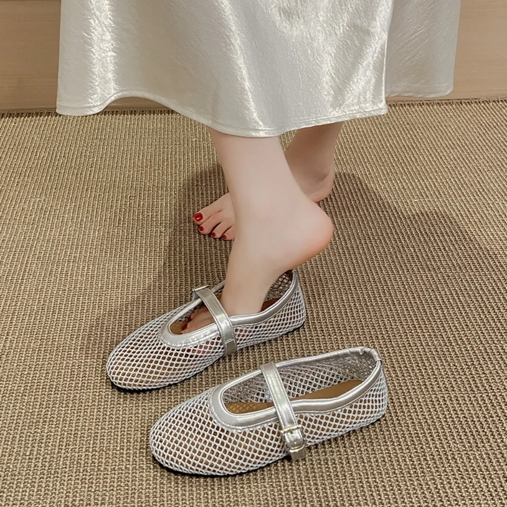 Mesh  Ballet Shoes Female 2026 Summer New Flat Hollow Mesh Breathable Buckle Strap Single Shoes Fishnet Shoes Woman Sandals