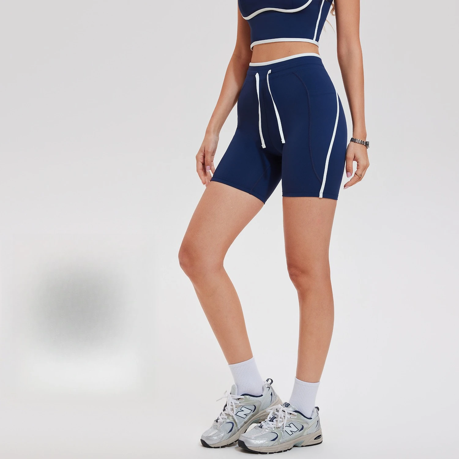 Vintage/Retro Navy Women's High Waist Running Shorts with Modern Fit Built-in Liner Butt Lifting Tummy Control Seamless Ribbed