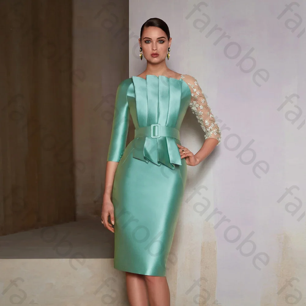 Customized Green 3D Flowers Wedding Guest Gown Knee Length Belt Mermaid Mother Of The Bride Dresses Elegant Women's Formal Wear