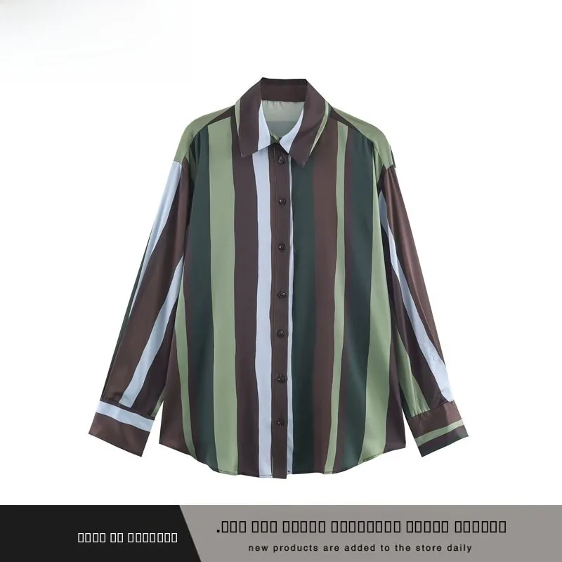 

Faionable Silk Satin Stripe irt Women's Loose Fit Street Sle irt Sve Polyester Fiber Long Sve Collar Autumn Win...