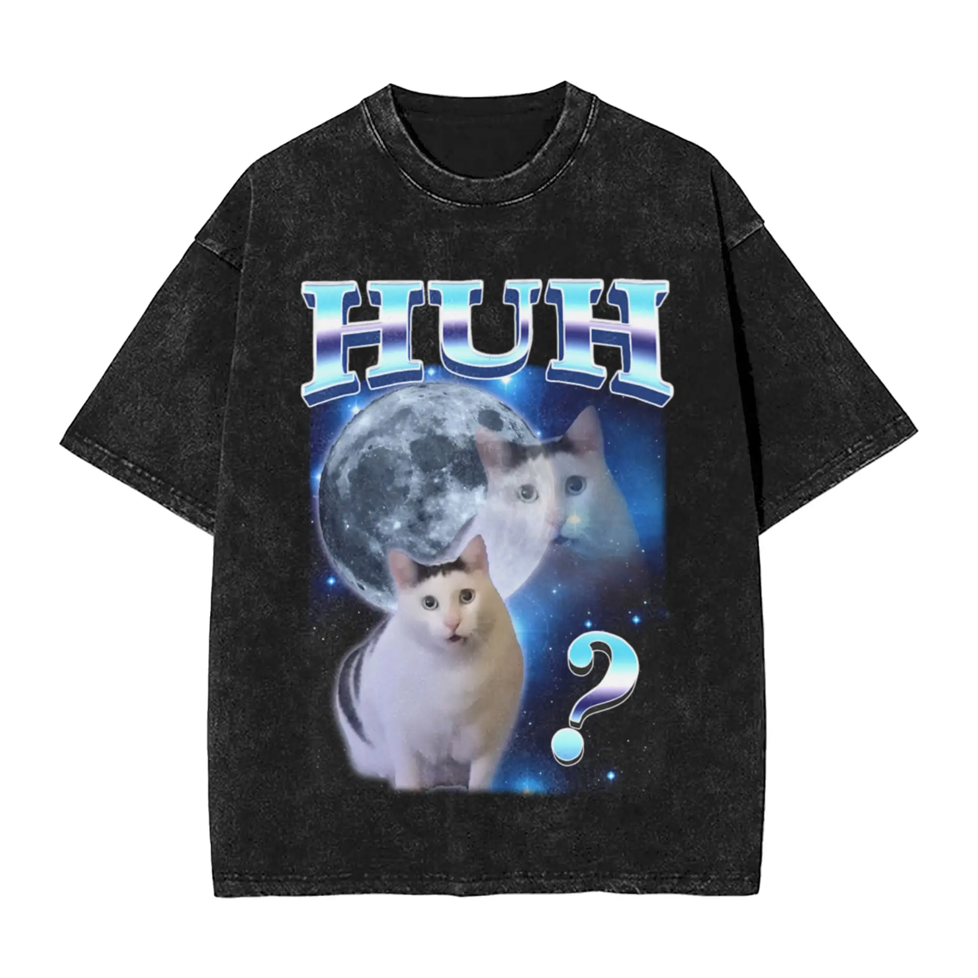 Huh Cat Funny Dank Meme Moon Unique Stylish A Vintage Oversized Cotton Unisex T-Shirts