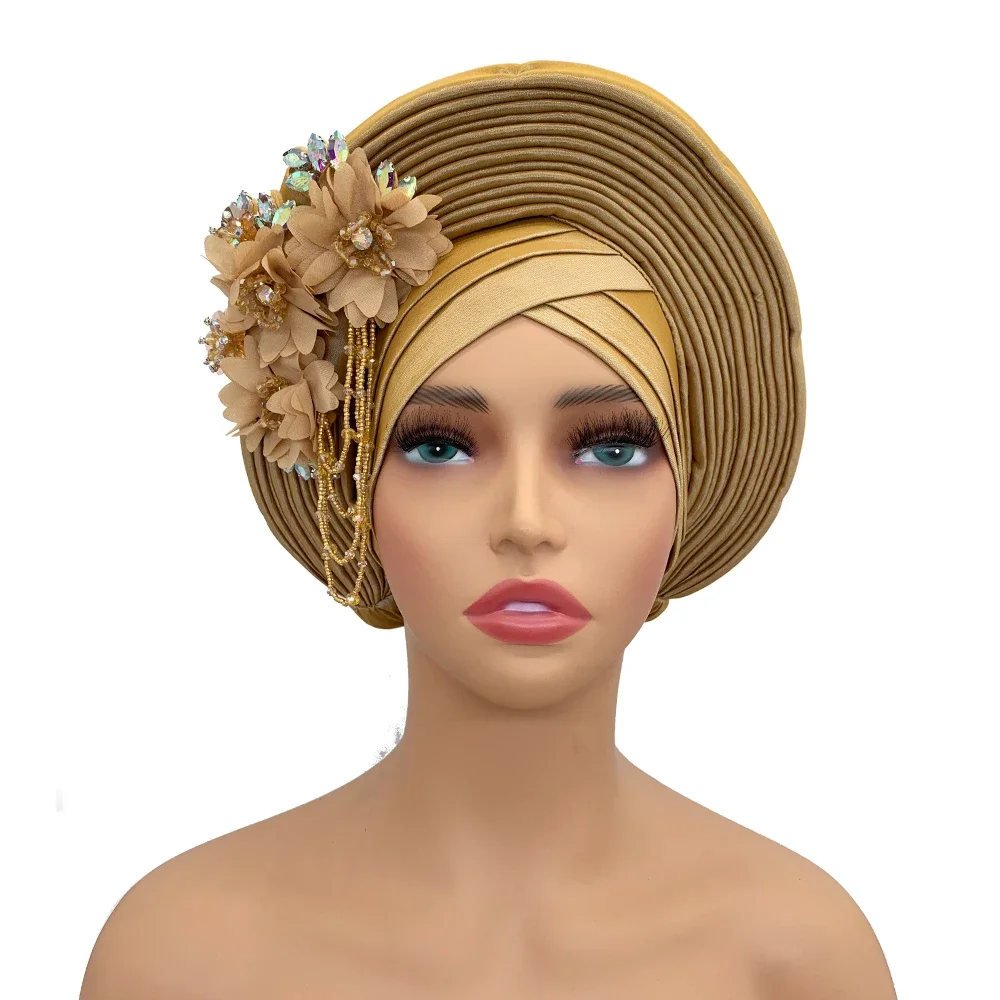 Raw Silk Nigeria Autogele African Auto Gele Headtie Women Turban Cap Flower Wedding Party Headpiece Female Head Wraps Bonnet