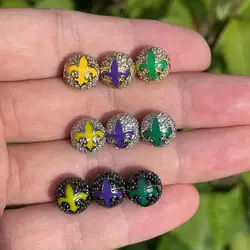 9Pcs/Lot Mardi Gras Brass Spacer 10mm Zirconia Pave Beads Fleur De Lis Saint Accessory for Jewelry Making