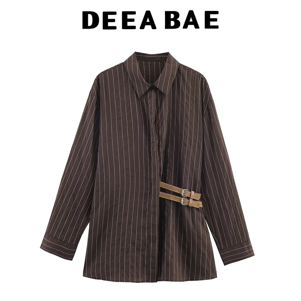 

DEEABAE Winter new women's clothing French design casual style long sleeved lapel buckle striped shirt