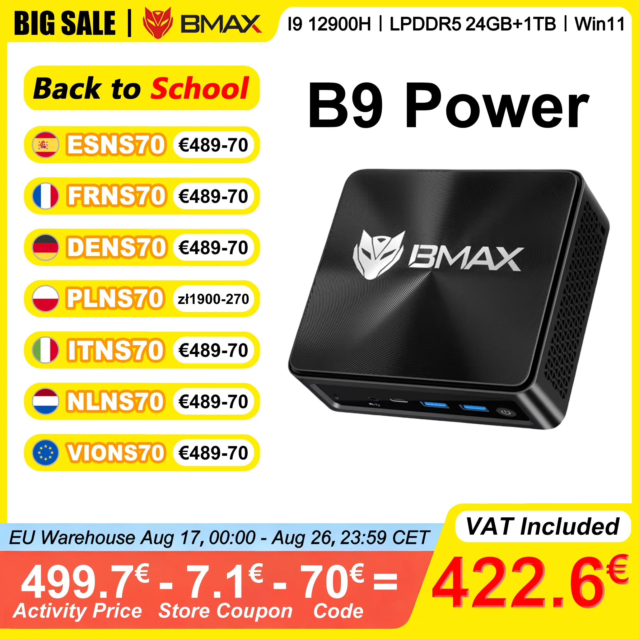 BMAX B9 Power Mini-PC Intel Core I9-12900H 24GB LPDDR5 RAM 1TB NVMe SSD Turbo-Frequenz 5,0GHz WiFi 6 Bluetooth 5.2