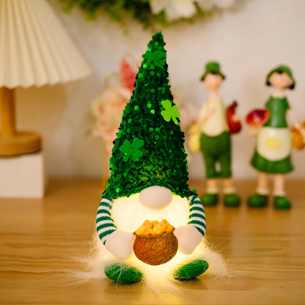 29cm Led Light Up Irish Gnomes Luminous Saint Patrick Green Clover Faceless Doll St Patrick\'s Day Gnome Pendant Home Decoration