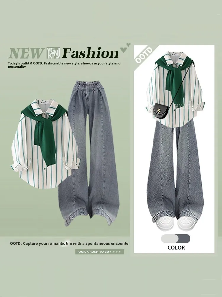 

Retro Japanese een Fre Striped irt oulder Wrap Top Summer Waed Denim Pants Two-Piece Set Loose Fit High Waist