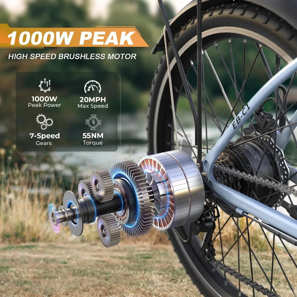 Electric Bike for Adults, 26 City Cruiser, 1000W Peak, 20MPH, 50 Miles, 48V Battery, 7-Speed, UL 2849 image 3