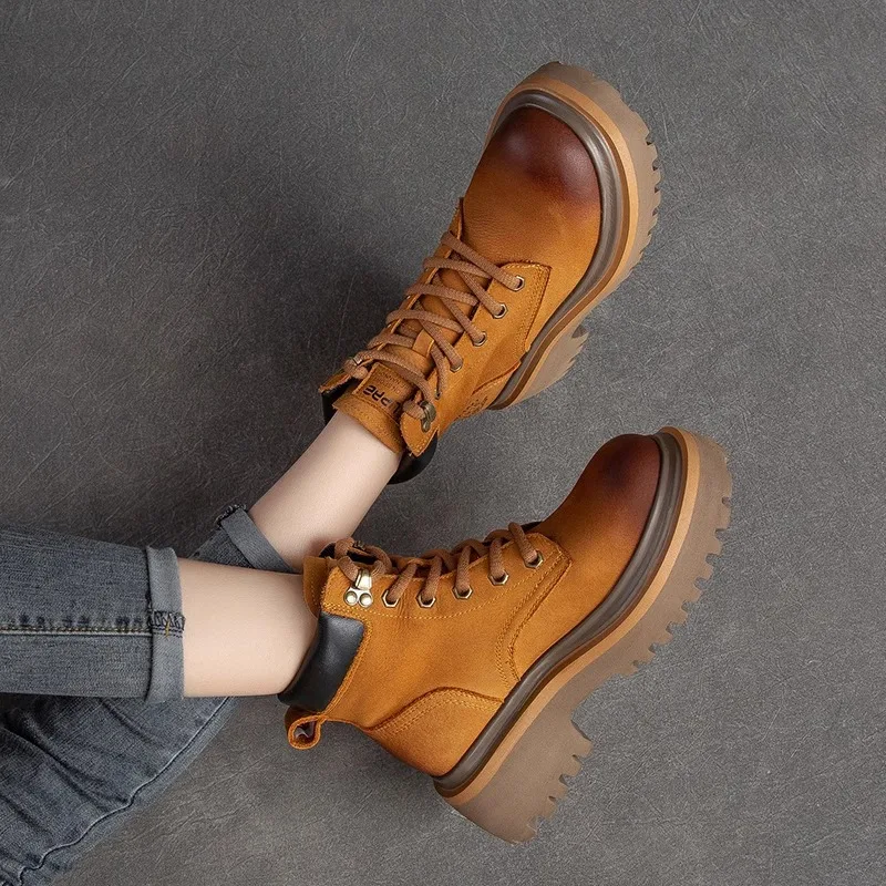 Red Distressed Leather Platform Boots For Women Lace Up Design Round Toe Non Slip Lug Sole Thick Heel Ankle Boots Autumn Winter