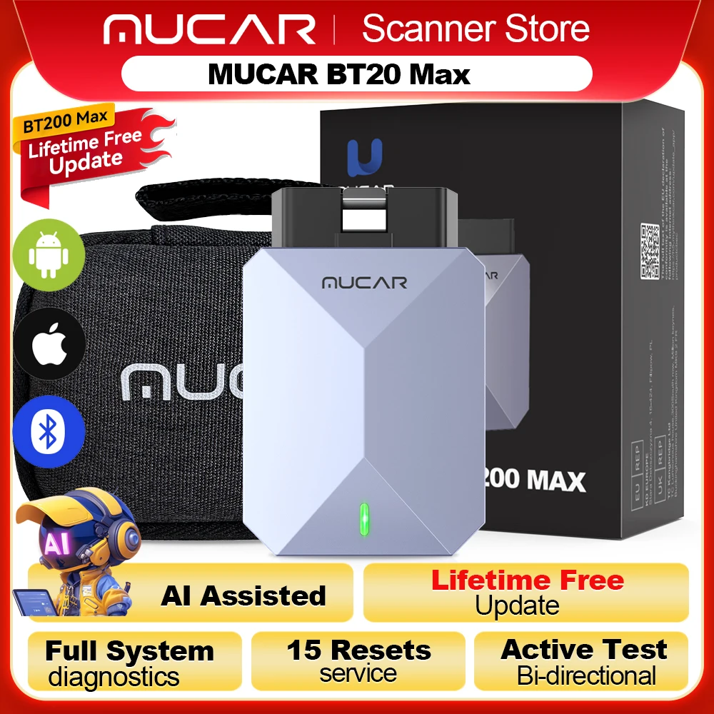 Lebenslange Kostenlose Updates MUCAR BT200 Max OBD2 Scanner CAN FD Bidirektionale Steuerung Alle-Systeme-Diagnosegerät 15 Reset-Funktionen für Alle Fahrzeuge
