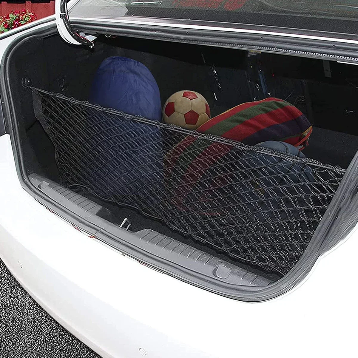 35.5 x 15.7 Inch Rear Cargo Net Adjustable Elastic Mesh Storage Organizer Large Capacity Stretchable Trunk Storage Net with