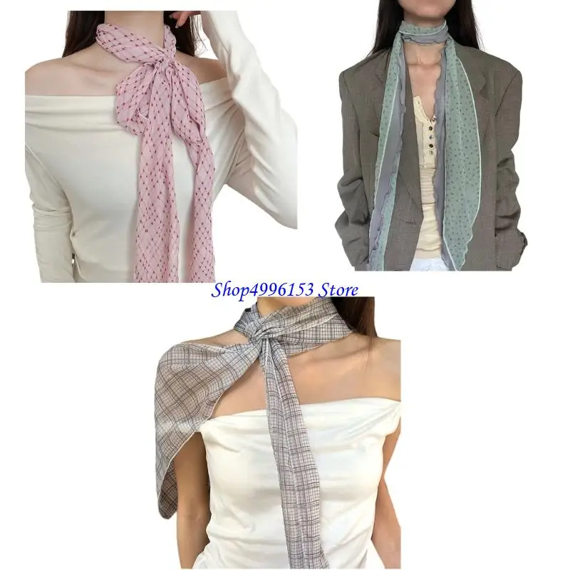 

Q0KE Women Skinny Scarf Thin Choker Checkered Belt Long Tie Scarf Bag Handle Wrap