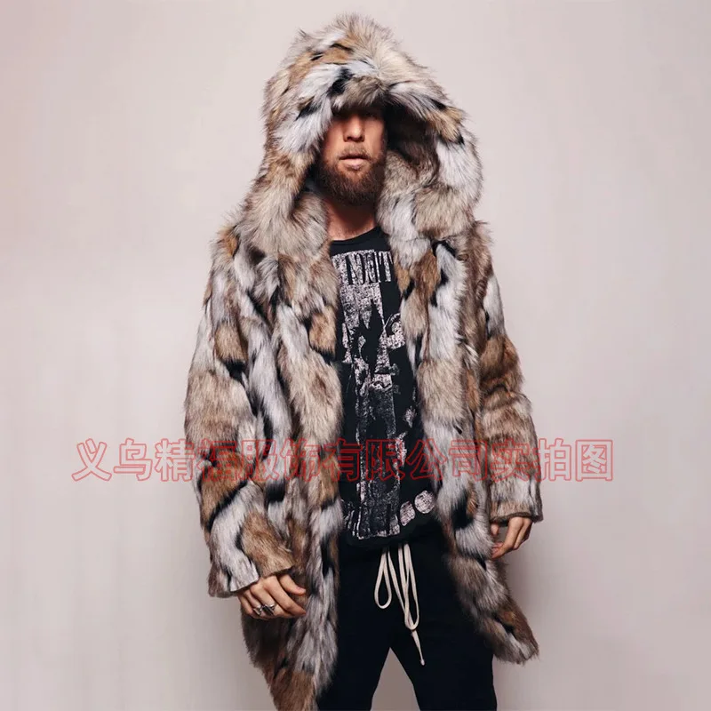 남성 인조 모피 재킷 코트 후드 중간 길이 오버코트 겨울 따뜻한 두꺼운 푹신한 샤기 빈티지 비즈니스 캐주얼 2025 겉옷