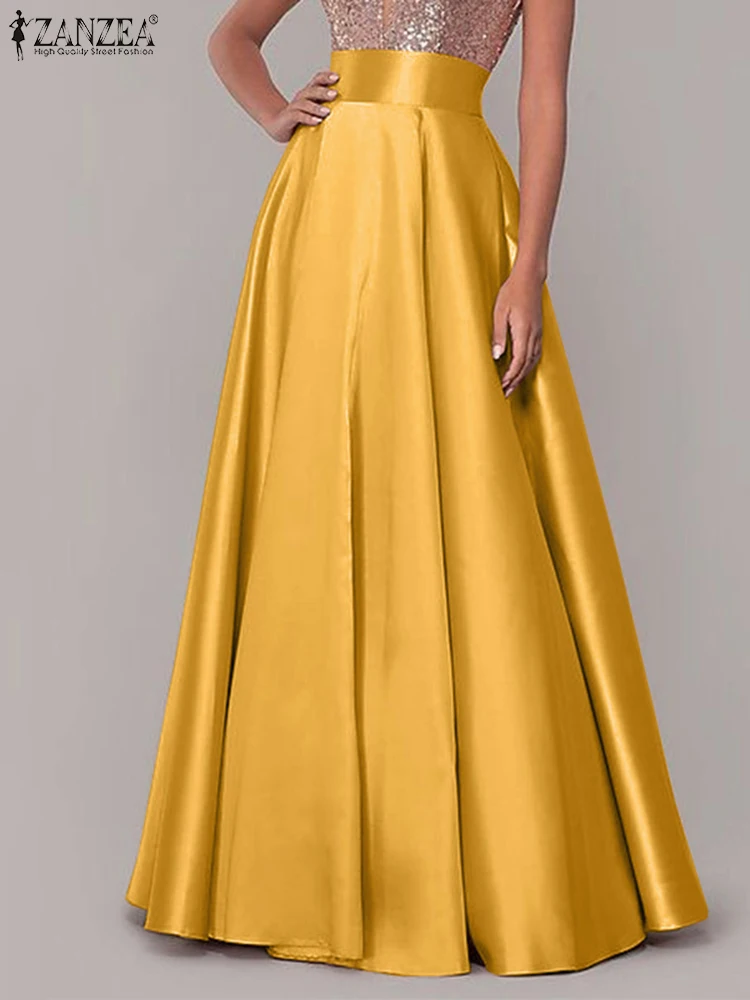 ZANZEA Stylish Summer High Waist OL Work Satin Skirt Women Female Solid Party Maxi Skirts Faldas Saia A-line Long Skirts Jupe