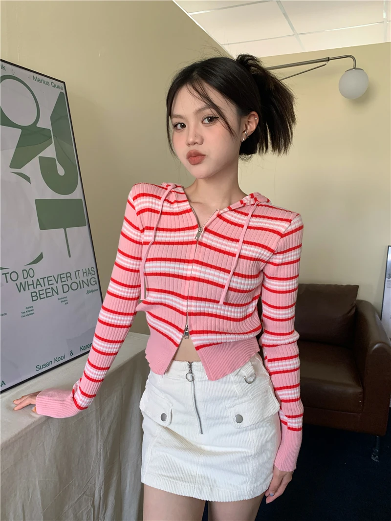 Korean Sle Autumn Winter Striped Color Blo ort Fit Women's Sweatirt Jaet Double Zipper Hooded Commute Friendly