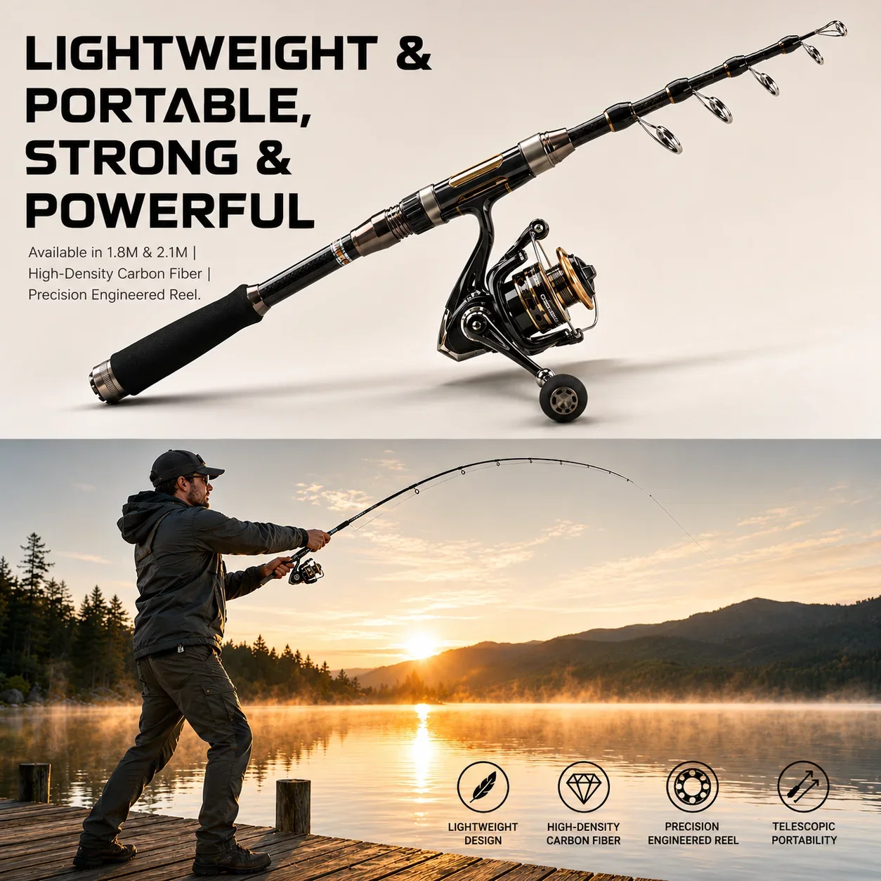 DEUKIO 1.8/2.1M Fishing Rod Reel Combo Portable Telescopic Travel Pole and 5.2:1 3000 Mode Spinning Reel for Bass Carp Fishing