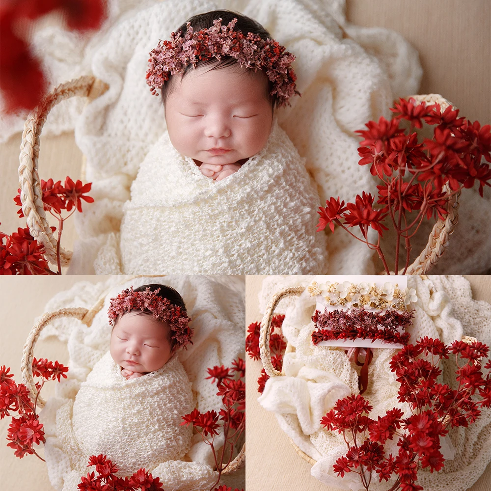 Newborn Photography Props Hollow Wool Wrapping Headband Woolen Yarn Blanket Artificial Flower Ornament Studio Photo Shoot Props