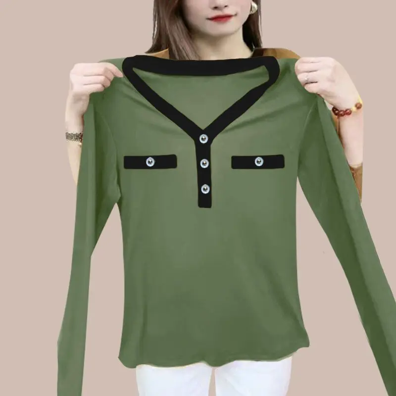 Elegant Versatile Commuter Women\'s Clothing 2023 Autumn and Winter New Splice Button V-Neck Long Sleeve Temperament Pullover