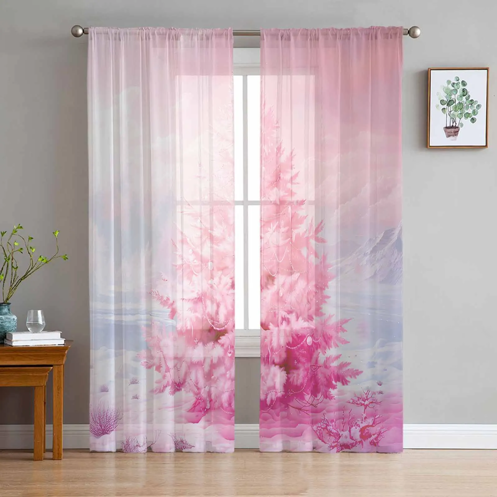 

Christmas Pink Oil Painting Christmas Tree Retro Sheer Curtains for Living Room Bedroom Home Coffee Decor Chiffon Tulle Curtains