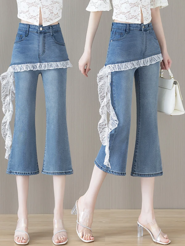 

High Waist Slimming Seven Inch Bell Bot Lace Trimmed Micro Flared Patchwork Denim Pants Casual Sle Summer New Arrival