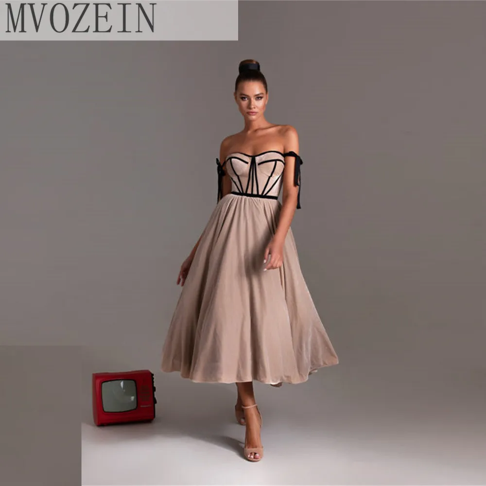 

Mvozein Pink Prom Dresses Off Shoulder Velvet Party Dress A Line Gown Black Bandage Evening Dress Sweetheart Tea Length Robe