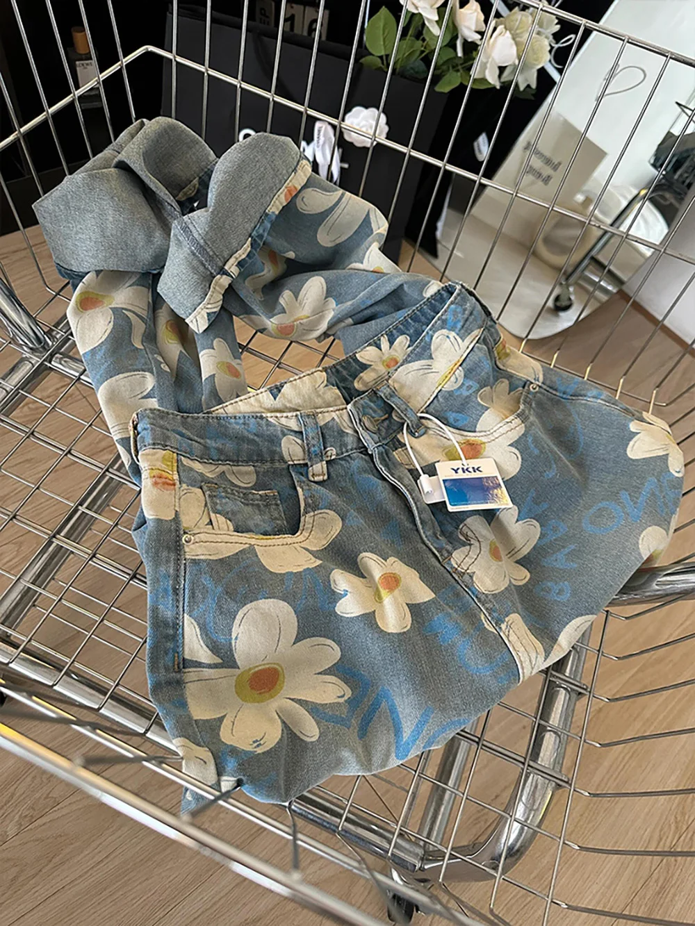 Trendy Floral Print Wide Leg Jeans Women High Waist Straight Loose Denim Pants 2024 Autumn Female Oversized Casual Full Pants