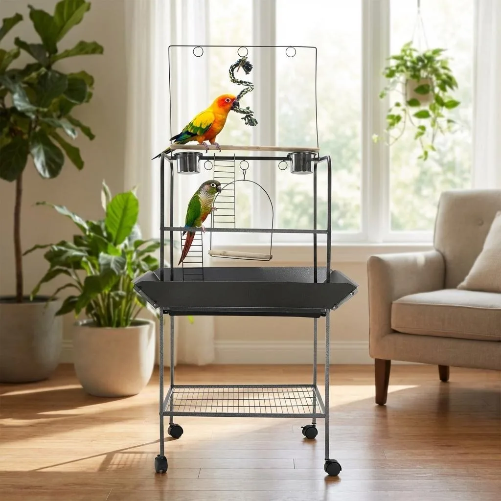 

Bird Playstand Parrot Stand on Wheels, Large Metal Bird Perch Rolling Stand Rack with Feeding Station for Parakeet Budgie Conure