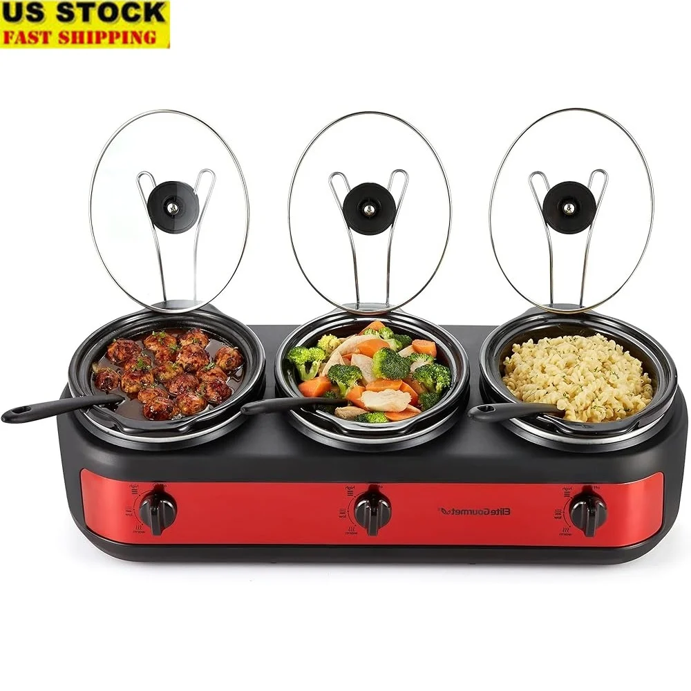 

Triple Slow Cooker Buffet Server Adjustable Temperature Dishwasher Safe Stoneware Oval Pots Lid Rests 3 x 2.5 Qt EWMST-325R