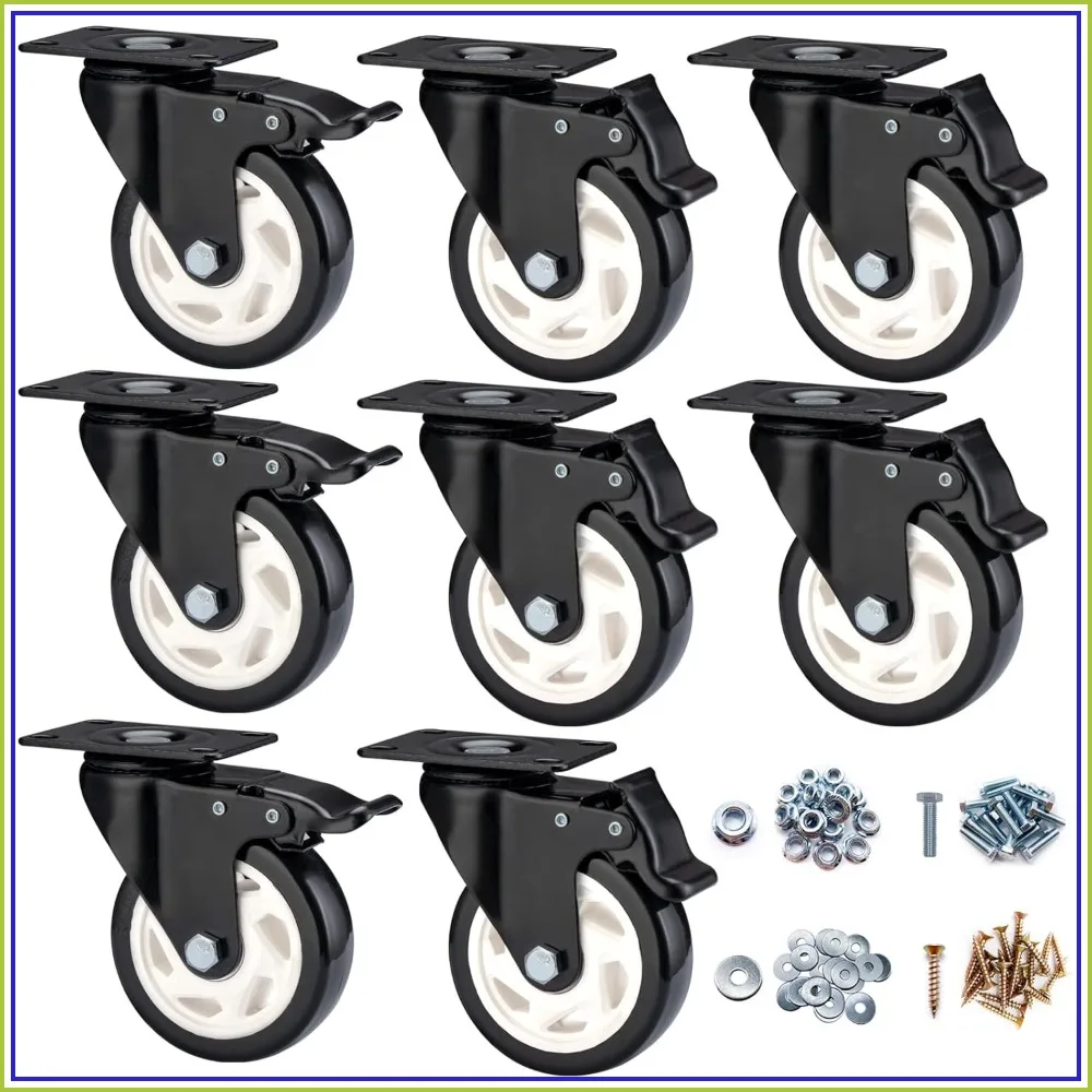 

4 Inch Heavy Duty Caster Wheels Set of 8, 360° Swivel Plate Casters with Dual Locking Brakes, Polyurethane, Quiet & Smooth, 450Lbs Each, Pack of 8