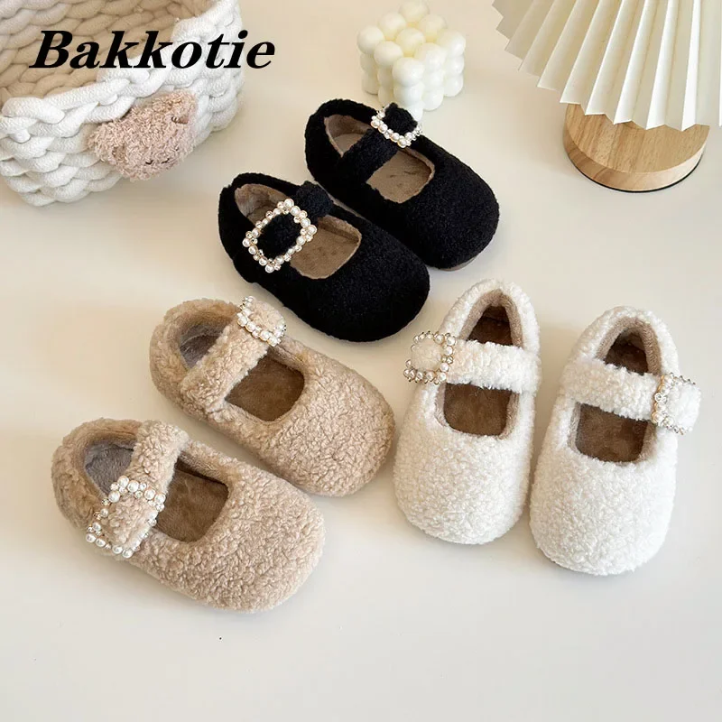 

Kids Shoes Winter Toddler Girls Fashion Princess Flats Baby Children Brand Loafers Children Warm Fur Metal Crystals Soft Sole