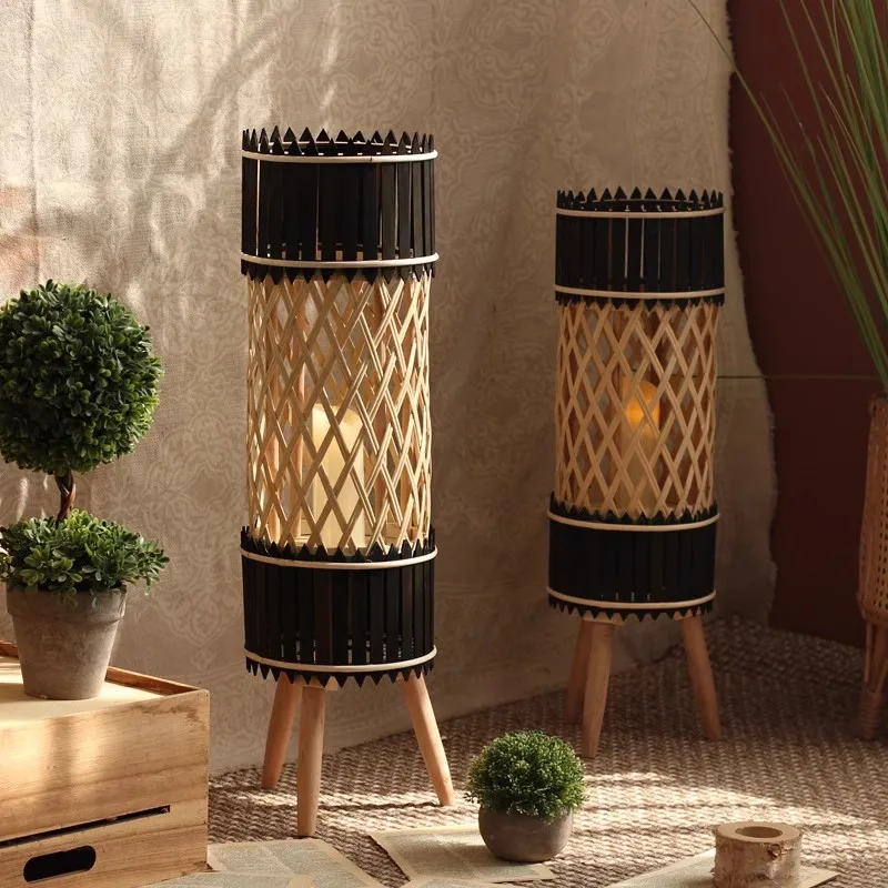 Handmade wooden floor-to-ceiling wind lamp decorative ornament plug-in ambient light candlestick