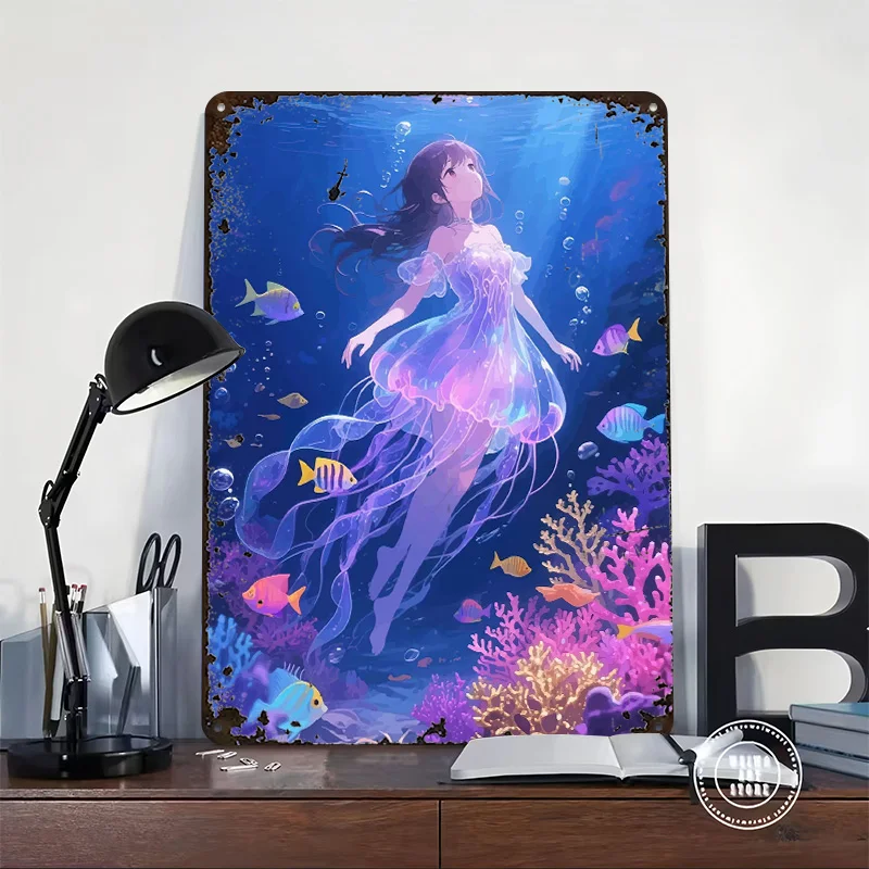 Anime Girl in Jellyfish Dress Printing Poster Customized Retro Wall Art Vintage Metal Signs for Interior Decoration Living Room