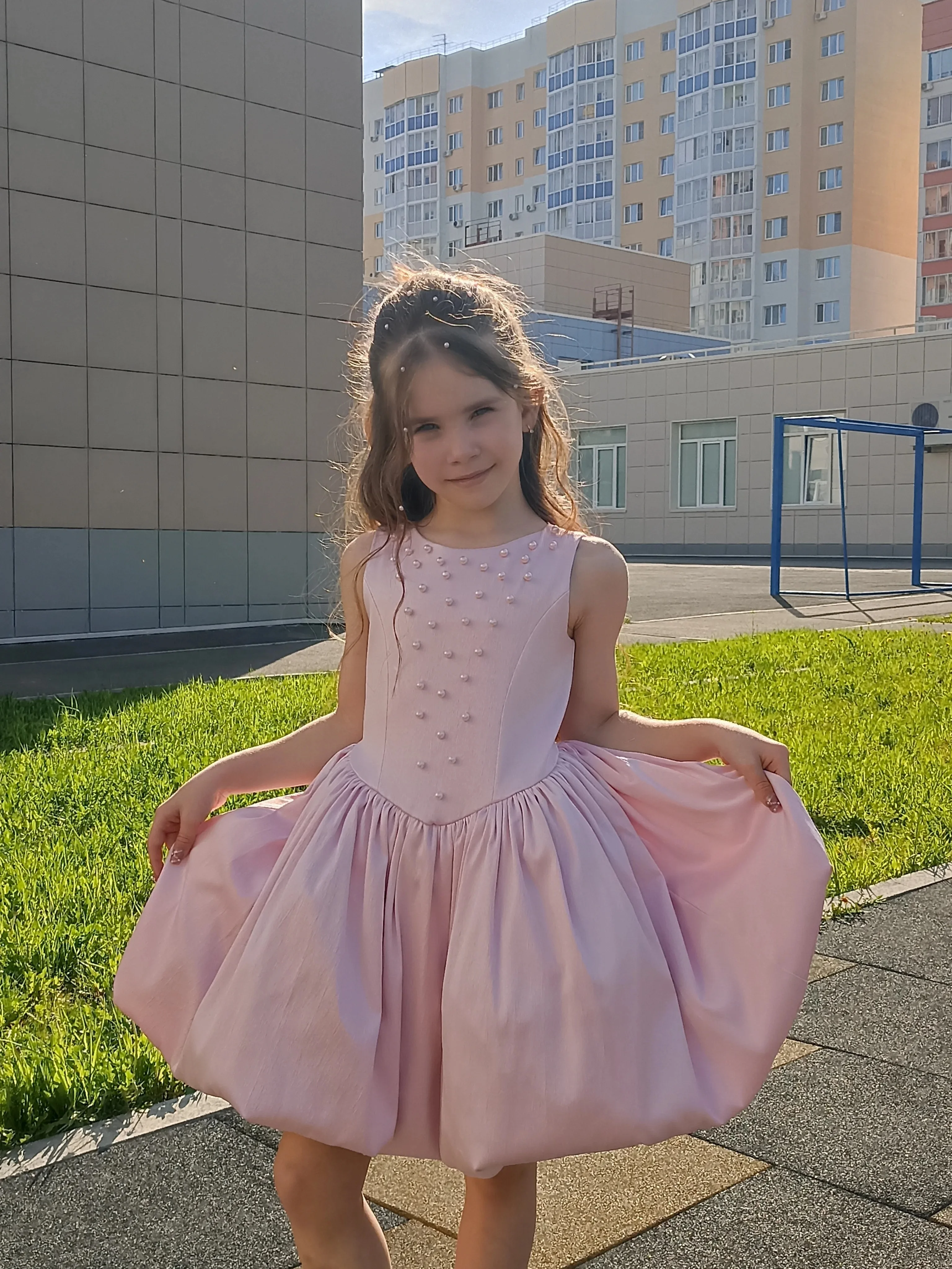 Pink Satin Gala Dress for Kids Puffy Flower Girl Dress for Wedding Pearls Toddler Pageant Ball Gowns Birthday Party Dress