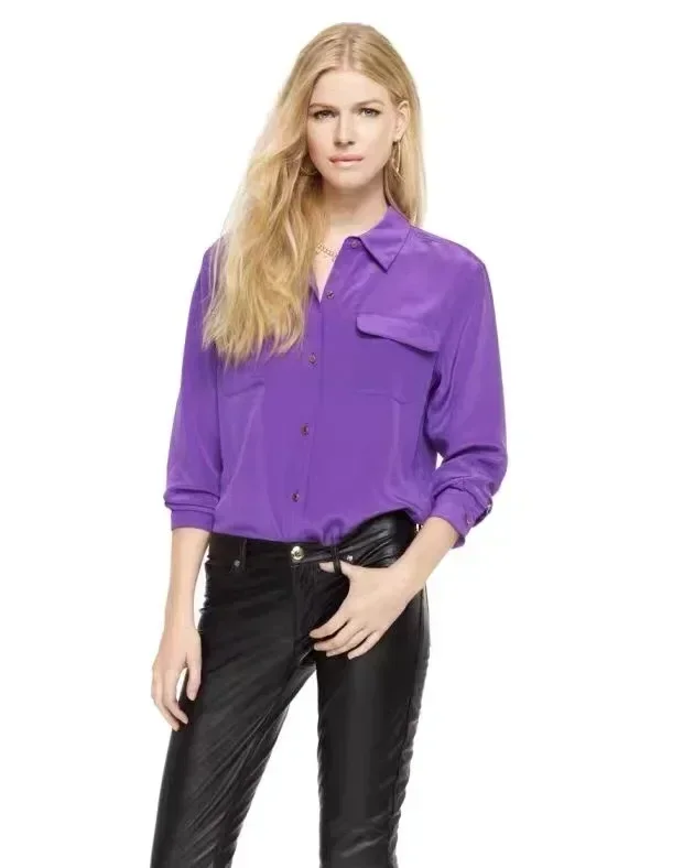 39 Colors Option Draped Sand-washed Mulberry Silk Shirt Women Blouse Classic Double-pockets Solid Color Long-sleeved Silk Shirt - Image 6