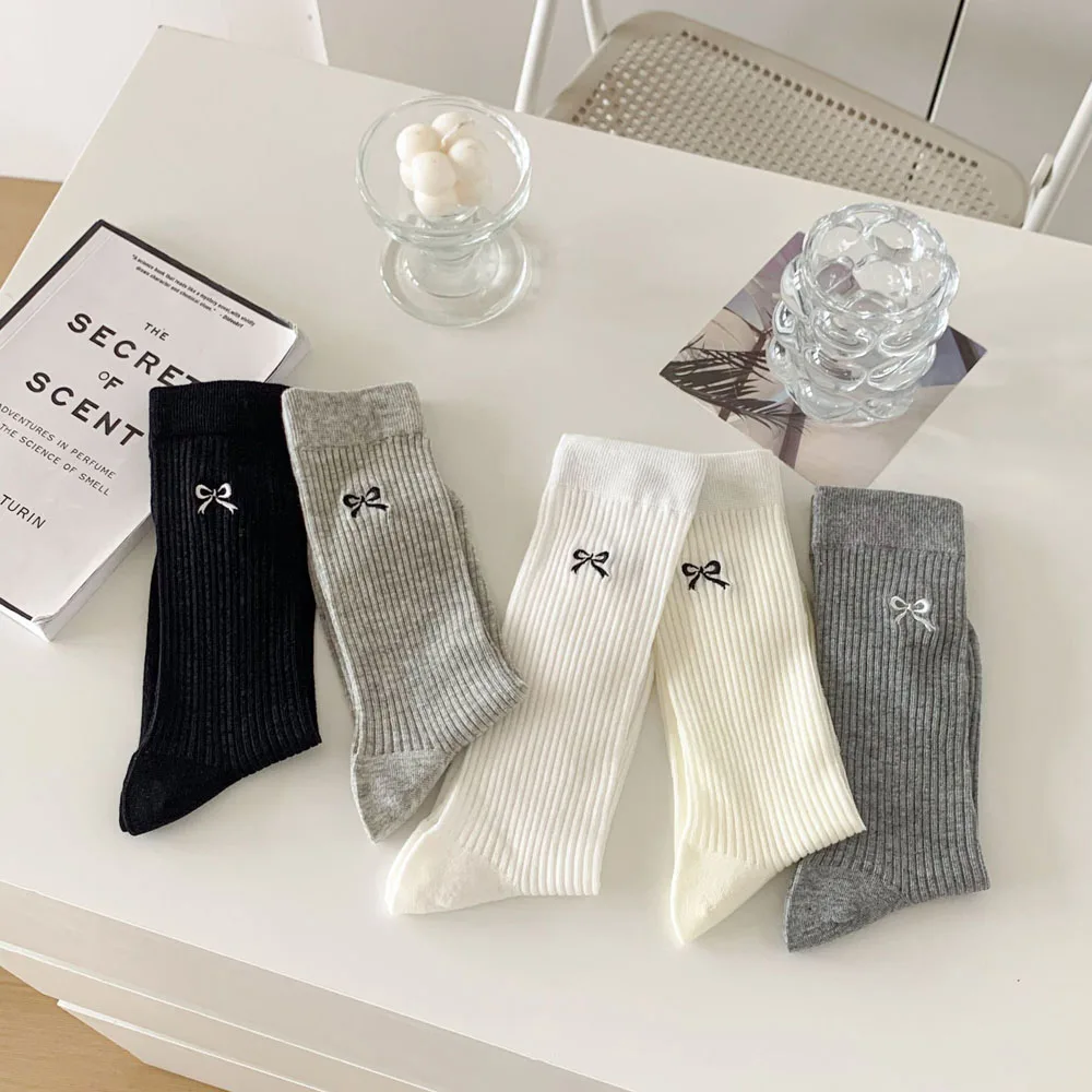 Socks Women Spring Summer Bow Ultra-thin Mid-tube Socks Japanese Casual Solid Color Cotton Breathable Mesh Pile Socks