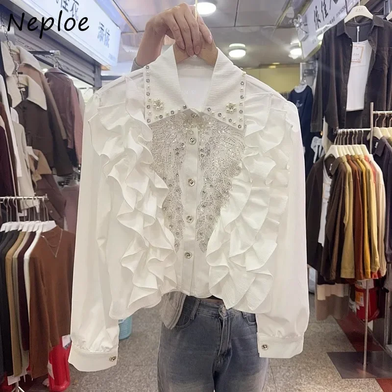 Neploe Embroidery Hollow Out Ruffles Blouses 2024 Autumn New Lapel Neck White Shirts Women Y2k Long Sleeve Blusas Mujer