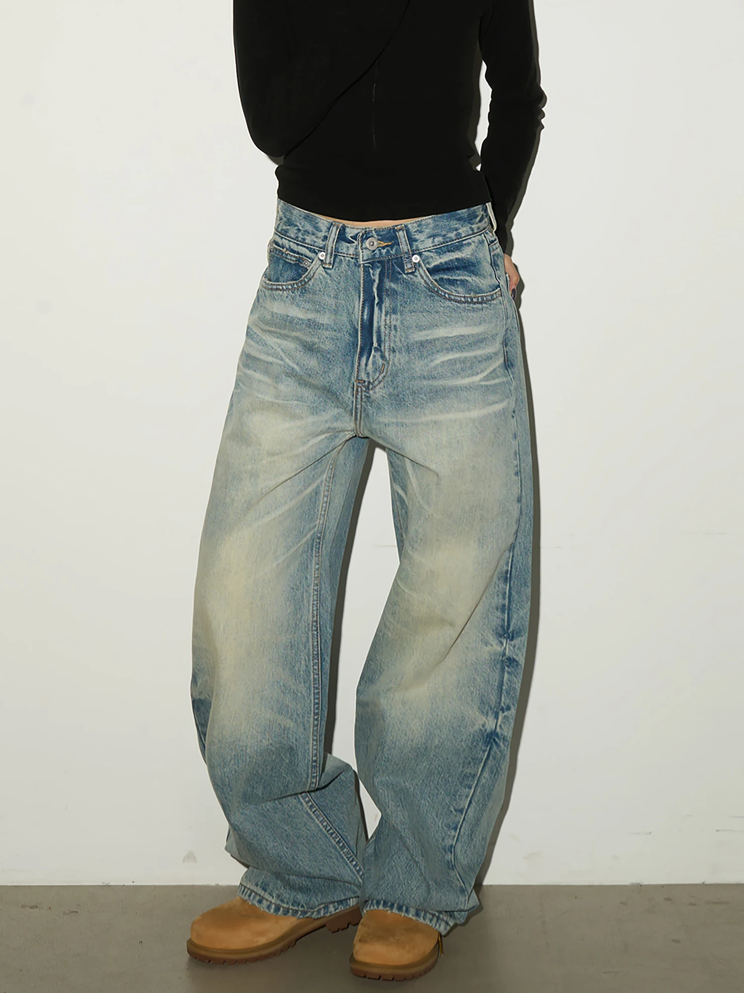 

Michinnyon Vintage Waed Blue American Sle Casual Straight Leg Jeans Versatile Cotton Denim Pants for Young Women