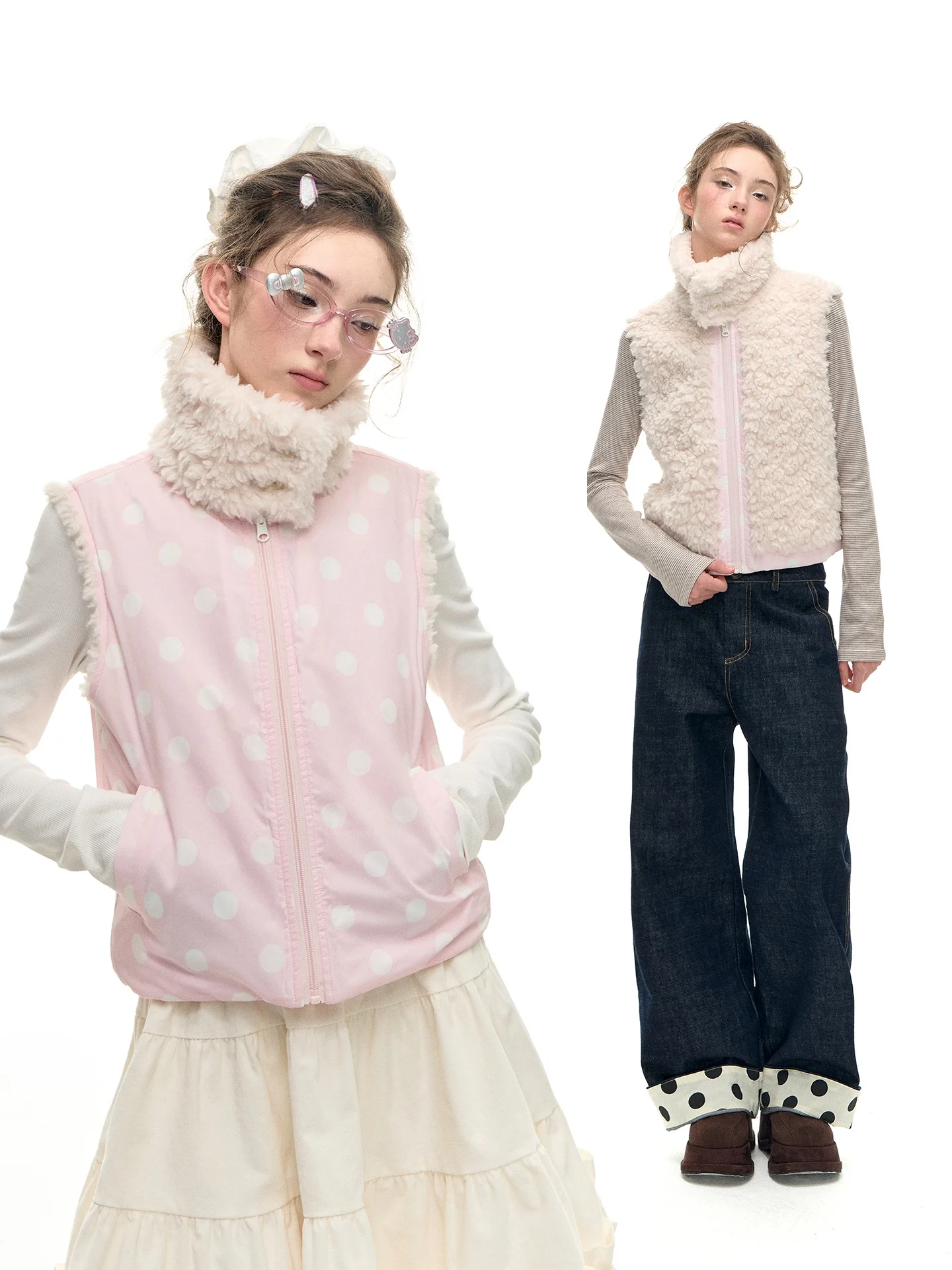 

Романтическая двусторонняя одежда Nanci, милый бархатный жилет в горошек с ягненком, верхняя одежда с воротником-стойкой на молнии, Sweet Sle Thiene...