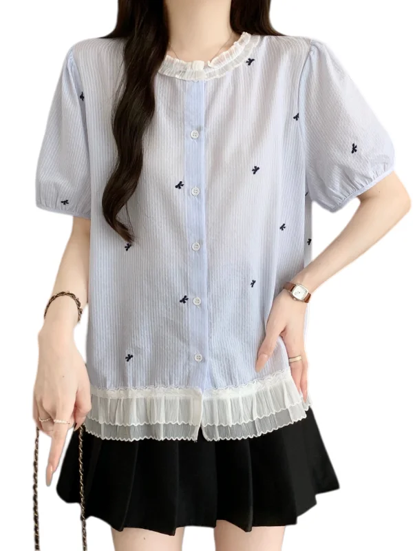 Lace Patchwork Bubble Sleeve Short Sleeve Embroidered Women's Shirt Summer 2026 plus Size Slimming Design  Knot Top