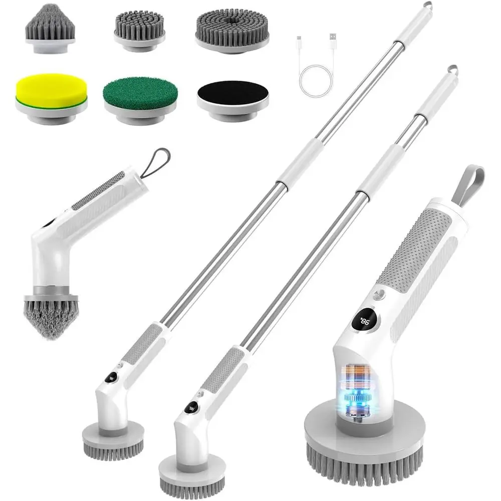 

Spin Scrubber, Cordless Cleaning Brush with 6 Replaceable Brushes, Waterproof Bathroom Scrubber with Adjustable Extension Handle