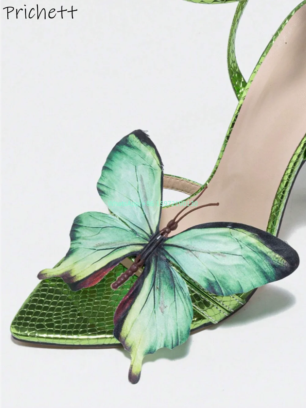 Sandalias de tacón fino de mariposa verde para mujer, zapatos puntiagudos con banda en el tobillo, con cinturón en la parte trasera, stilettos, para fiesta y vacaciones de verano, 2024