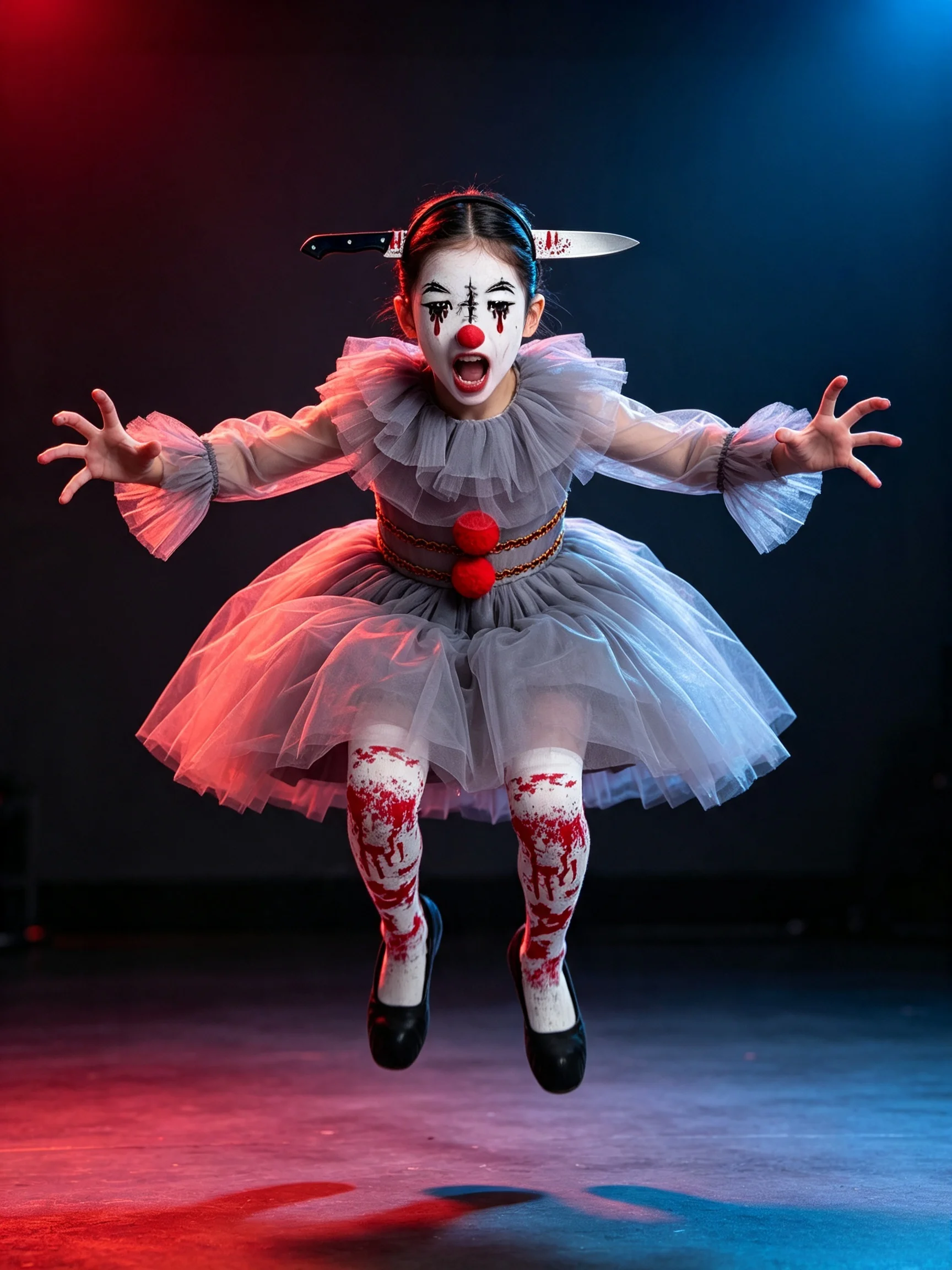Kids Spooky Clown Fancy Costume Complete Accessory Set Ruffled Tulle Dress Blood‑Print Socks for Carnival Trick or Treat Party