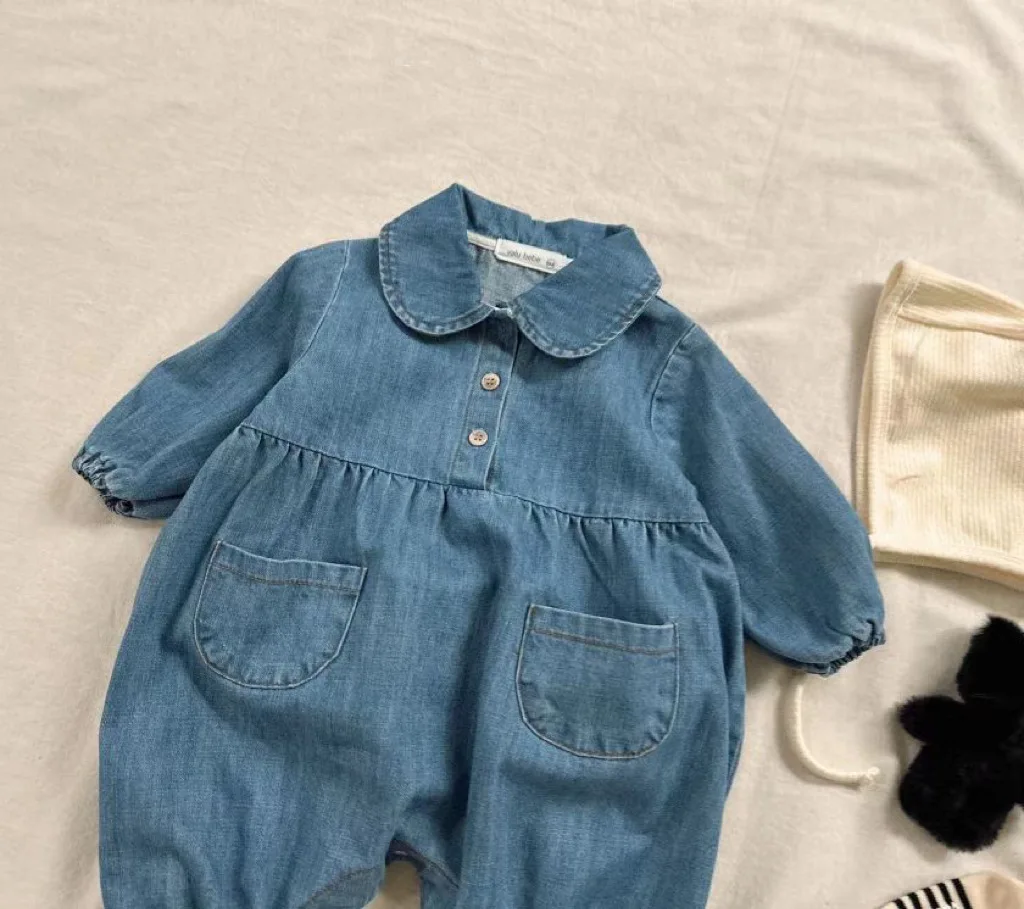 2024 Autumn New Baby Boy Romper Newborn Toddler Girl Cute Lapel Denim Jumpsuit Infant Onesie Solid Baby Loose Denim Clothes