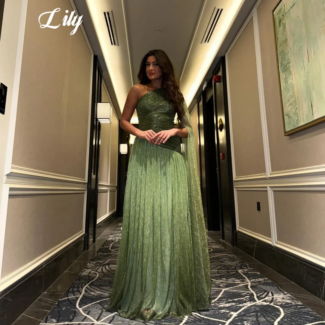 

Lily Green One-Shoulder Prom Dress Shimmer Pleated Evening Dress with Cape Sleeve A-Line Floor-Length Party Dresses Customized