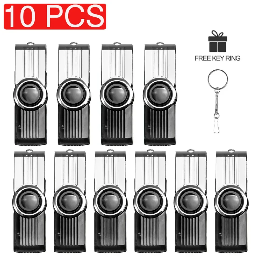 10PCS/LOT High Speed Capacity USB Flash Drive 128GB 64GB Black Plastic Pen Drive Rotatable Waterproof Memory Stick Free Keychain