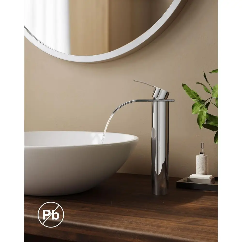 صنبور حوض السفن بمقبض واحد من الكروم مع تصريف معدني، طويل القامة، خالي من الرصاص، فتحة واحدة للحمام أو السفن #2