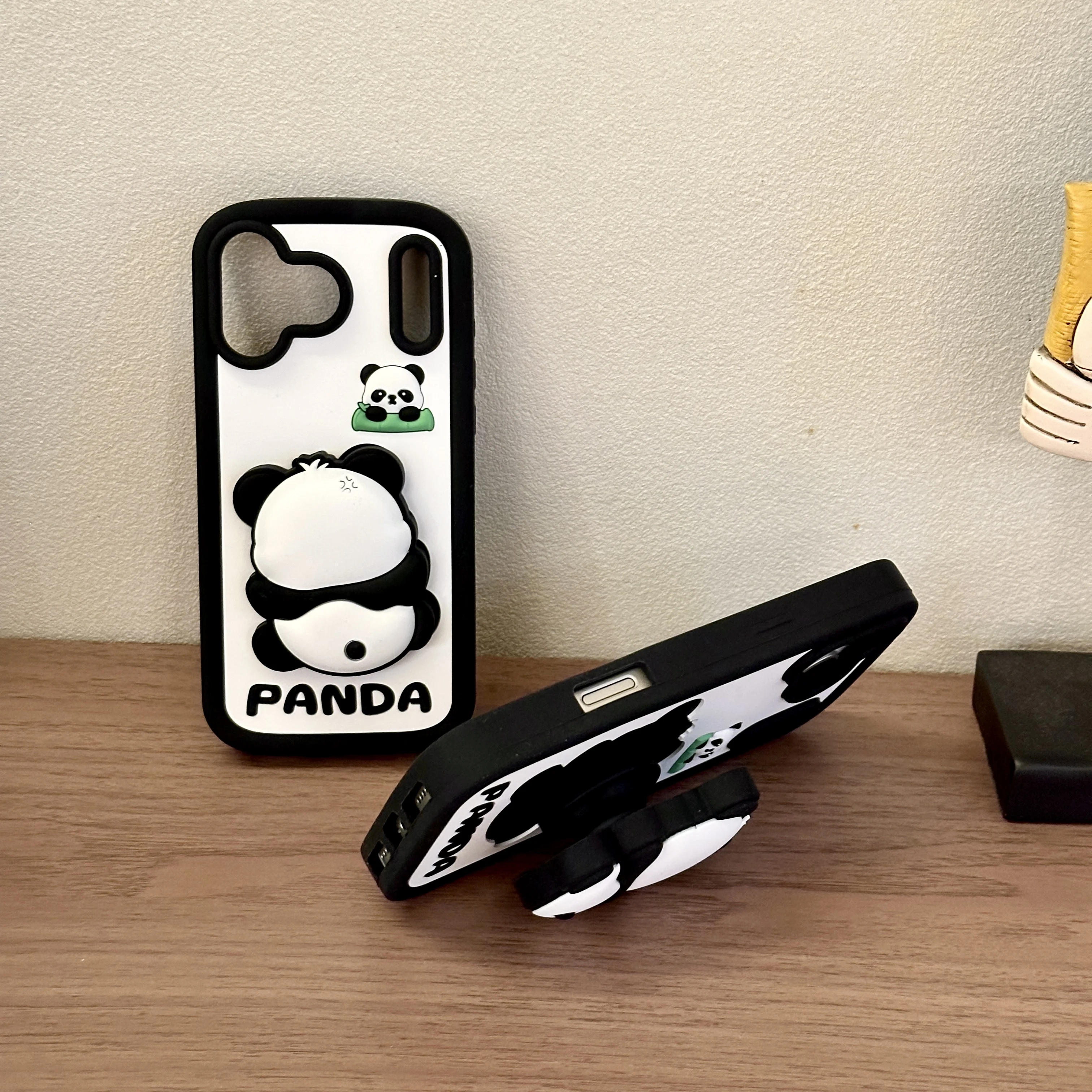 

3D Cute Panda Phone Case with Stand,Shockproof Soft Silicone Protect Cover For iPhone 17 16 15 14 13 12 11 Promax,Cartoon Skin