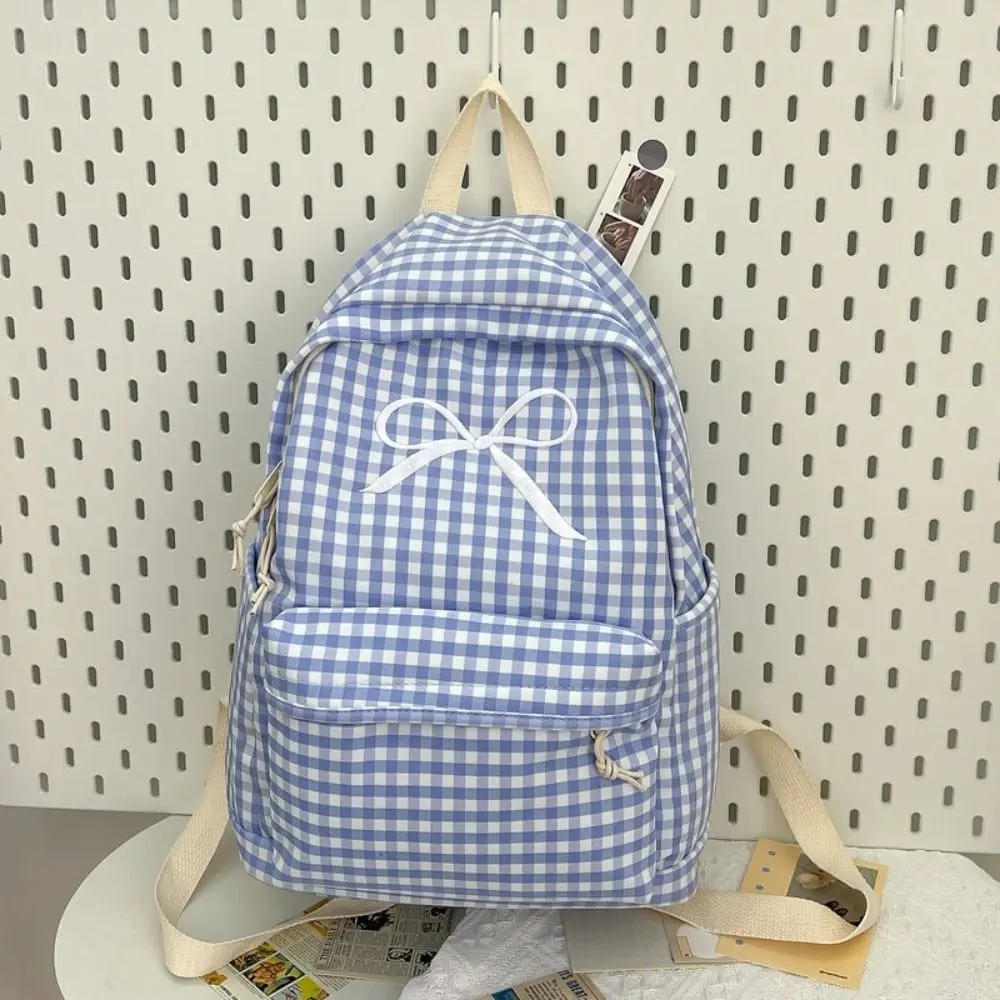 

Милая нейлоновая студенческая школьная сумка, однотонная, большой вместительный, повседневный рюкзак на плечо с бантом и решеткой, школьная сумка в корейском стиле