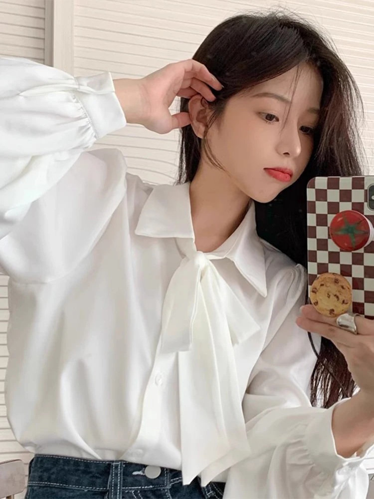 

White Interview Knot Shirt Women's Spring New plus Size Slimming Top Layered Wear Inner Match Base Shirt Autumn Winter