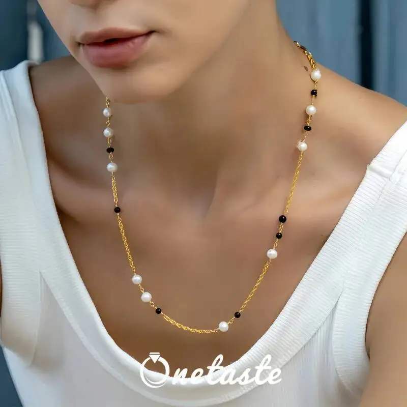 

925 Sterling Silver Natural Pearl Black Agate Beaded Necklace For Women Trendy Elegant Stackable Link Chain Necklaces Gift